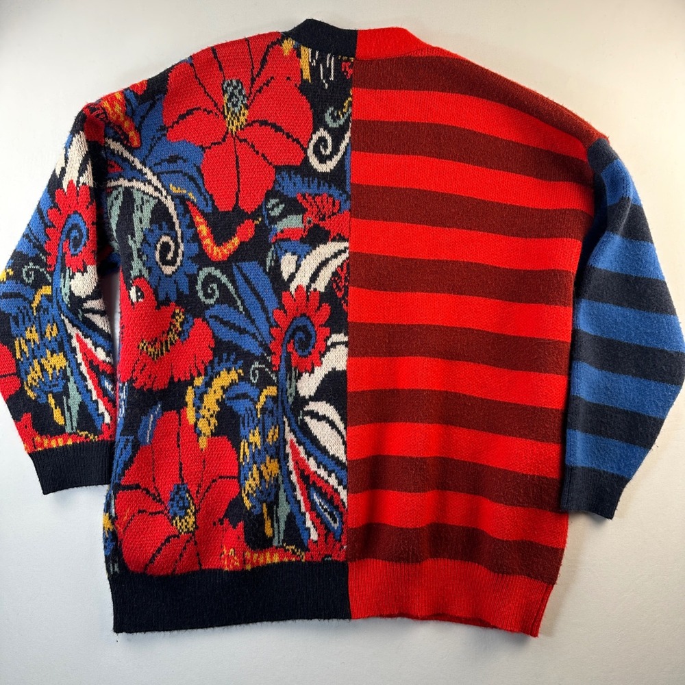 Farm Rio Vintage Forest Cardigan Small Striped Red Blue Sweater Chic Oversized - Picture 6 of 16